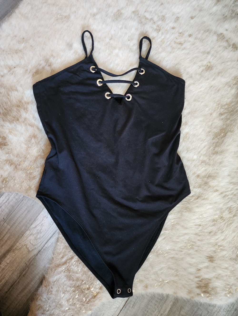 Good American Black Bodysuit Modern Minimalist Sleeveless Lace Up Tank